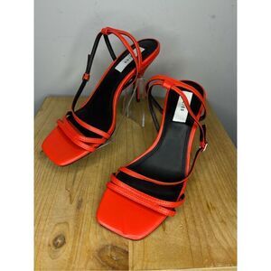Reiss Women's‎ Bali Leather Square Toe Strappy Heeled Sandals Orange Size 6